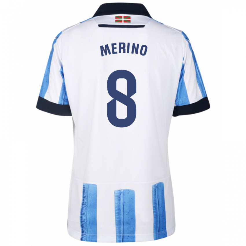 Hombre Camiseta Mikel Merino #8 Azul Blanco 1ª Equipación 2023/24 La Camisa México
