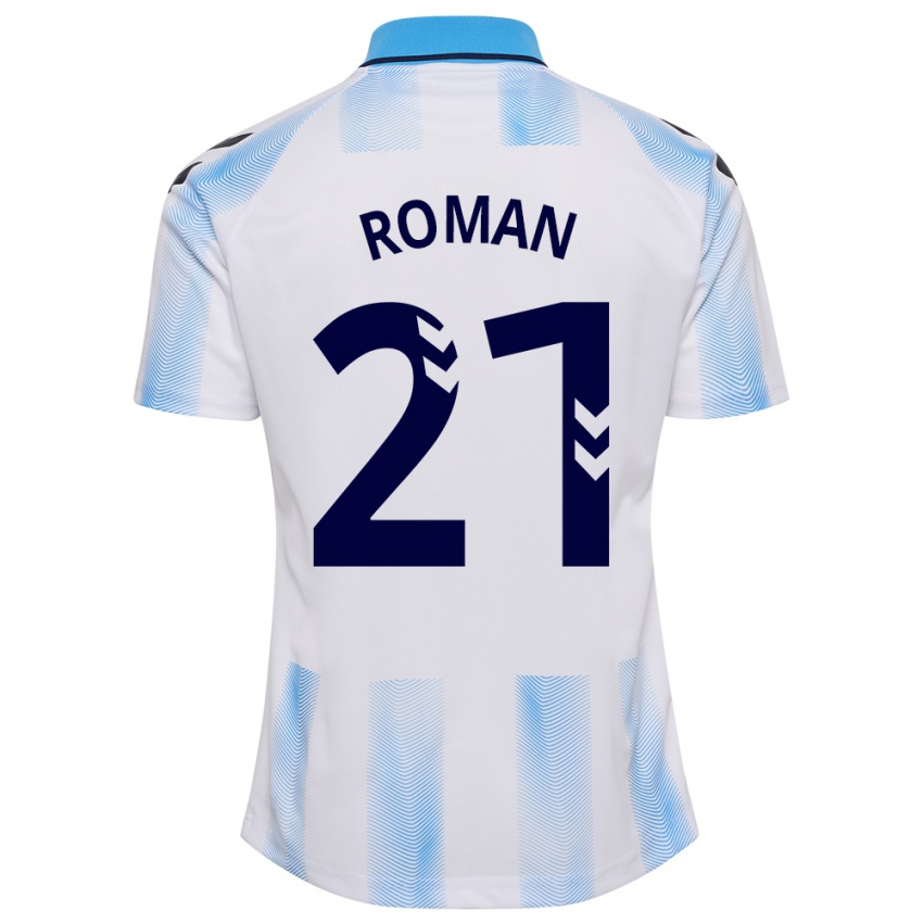 Hombre Camiseta Samu Román #21 Blanco Azul 1ª Equipación 2023/24 La Camisa México