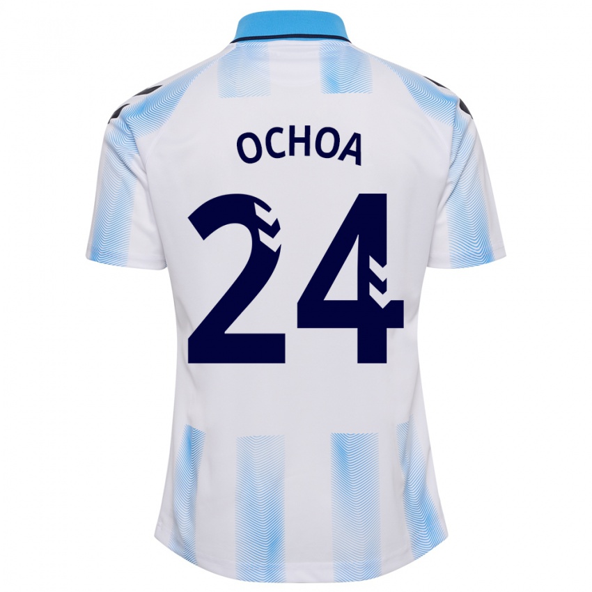 Mujer Camiseta Aarón Ochoa #24 Blanco Azul 1ª Equipación 2023/24 La Camisa México