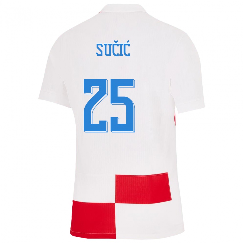 Niño Camiseta Croacia Luka Sucic #25 Blanco Rojo 1ª Equipación 24-26 La Camisa México