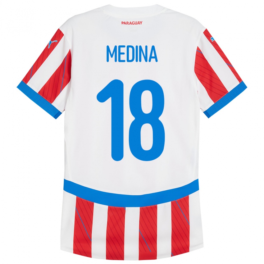 Niño Camiseta Paraguay Jesús Medina #18 Blanco Rojo 1ª Equipación 24-26 La Camisa México