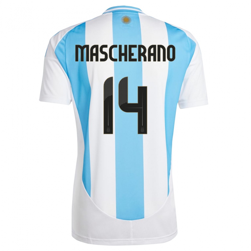 Hombre Camiseta Argentina Javier Mascherano #14 Blanco Azul 1ª Equipación 24-26 La Camisa México