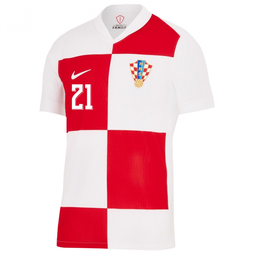 Hombre Camiseta Croacia Domagoj Bukvic #21 Blanco Rojo 1ª Equipación 24-26 La Camisa México