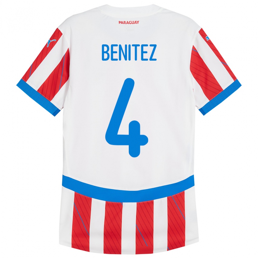 Hombre Camiseta Paraguay Gastón Benítez #4 Blanco Rojo 1ª Equipación 24-26 La Camisa México