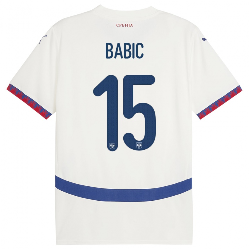 Hombre Camiseta Serbia Srdjan Babic #15 Blanco 2ª Equipación 24-26 La Camisa México