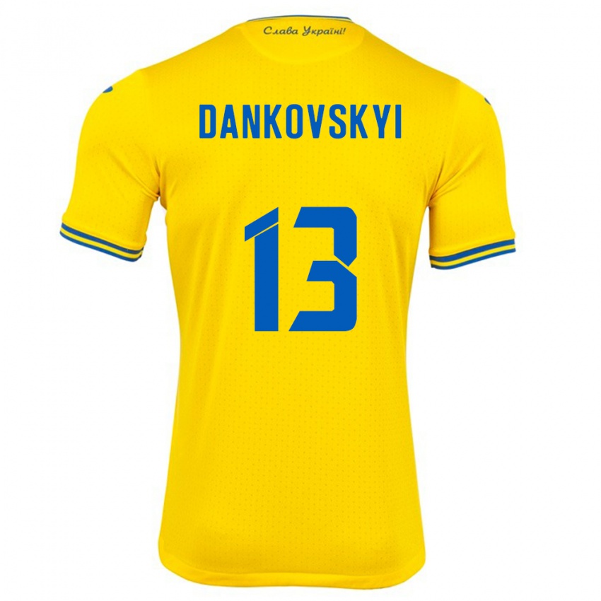 Mujer Camiseta Ucrania Yegor Dankovskyi #13 Amarillo 1ª Equipación 24-26 La Camisa México