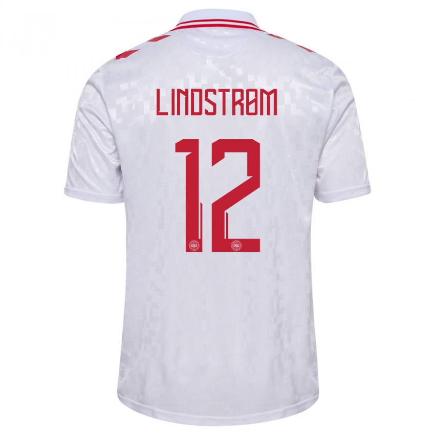 Mujer Camiseta Dinamarca Jesper Lindstrom #12 Blanco 2ª Equipación 24-26 La Camisa México