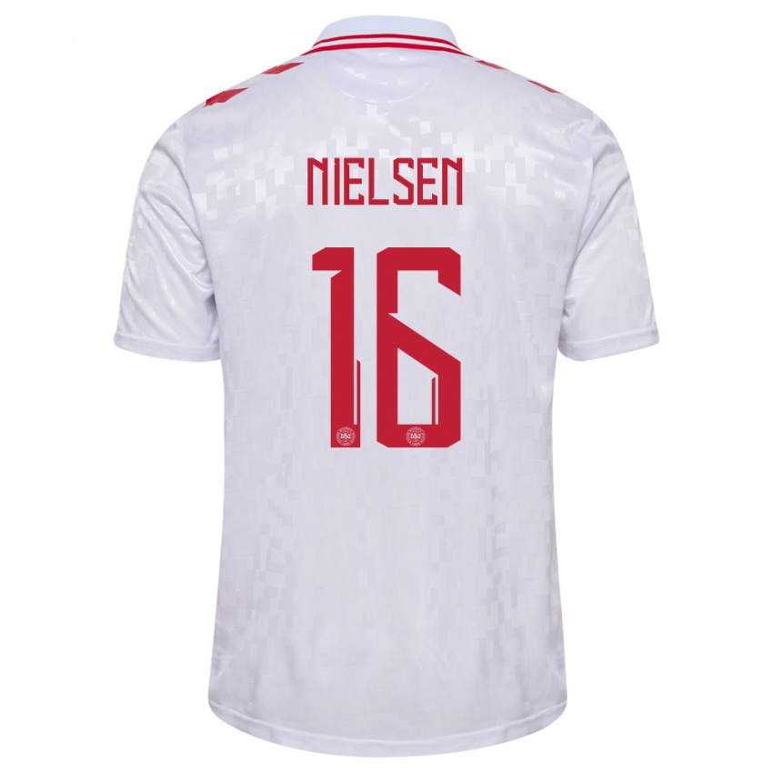 Mujer Camiseta Dinamarca Magnus Nielsen #16 Blanco 2ª Equipación 24-26 La Camisa México