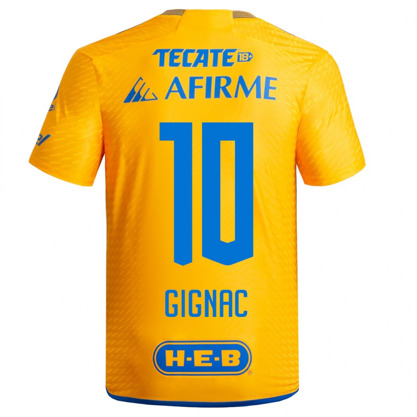 Mujer Camiseta Andre-Pierre Gignac #10 Amarillo 1ª Equipación 2023/24 La Camisa México