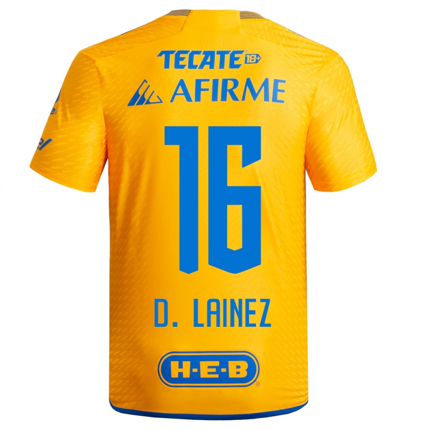 Mujer Camiseta Diego Lainez #16 Amarillo 1ª Equipación 2023/24 La Camisa México