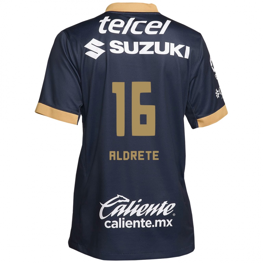 Niño Camiseta Adrian Aldrete #16 Obsidiana Dorada Blanca 2ª Equipación 2024/25 La Camisa México