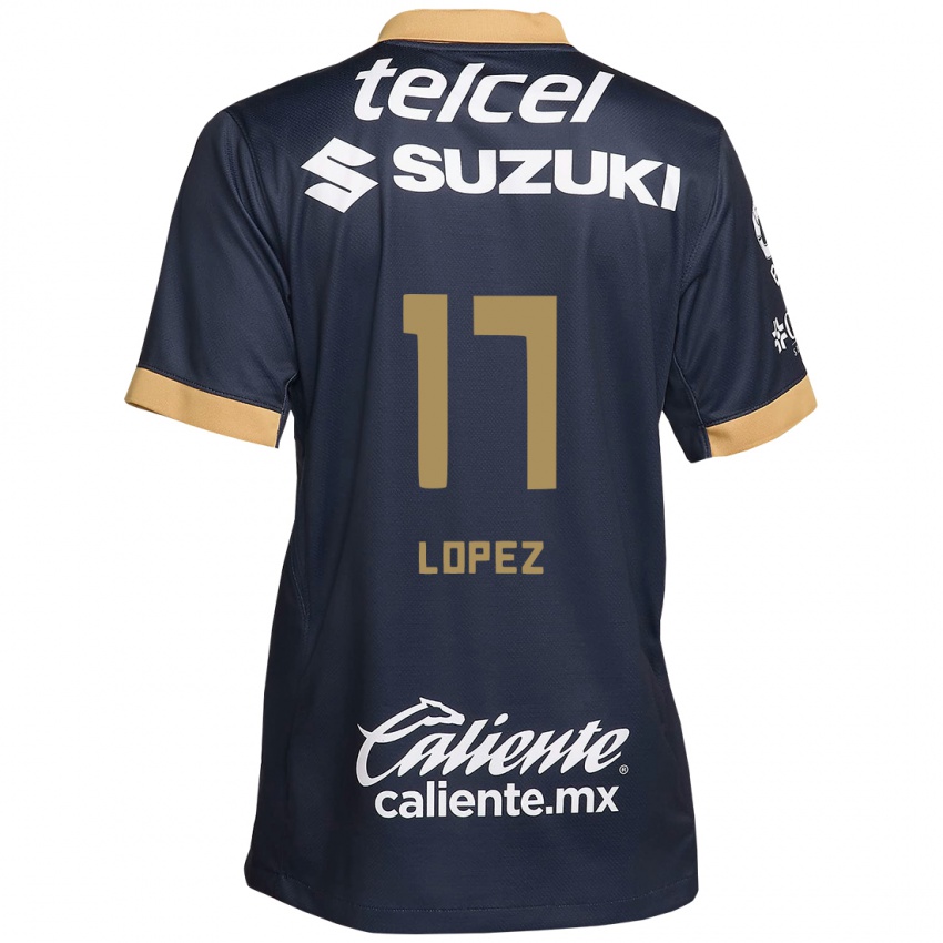 Niño Camiseta Leonel Lopez #17 Obsidiana Dorada Blanca 2ª Equipación 2024/25 La Camisa México