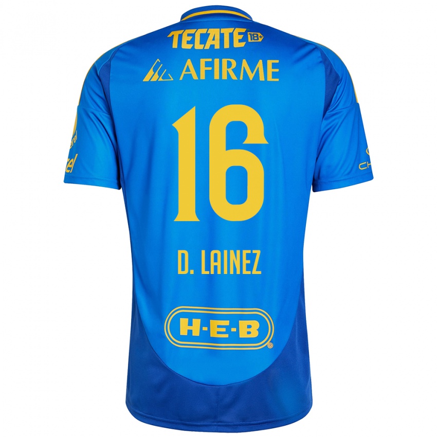 Niño Camiseta Diego Lainez #16 Azul Amarillo 2ª Equipación 2024/25 La Camisa México