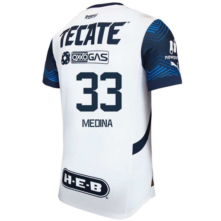 Hombre Camiseta Stefan Medina #33 Blanco Azul 2ª Equipación 2024/25 La Camisa México