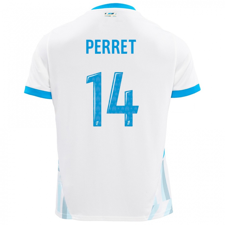 Hombre Camiseta Jenny Perret #14 Blanco Azul Cielo 1ª Equipación 2024/25 La Camisa México