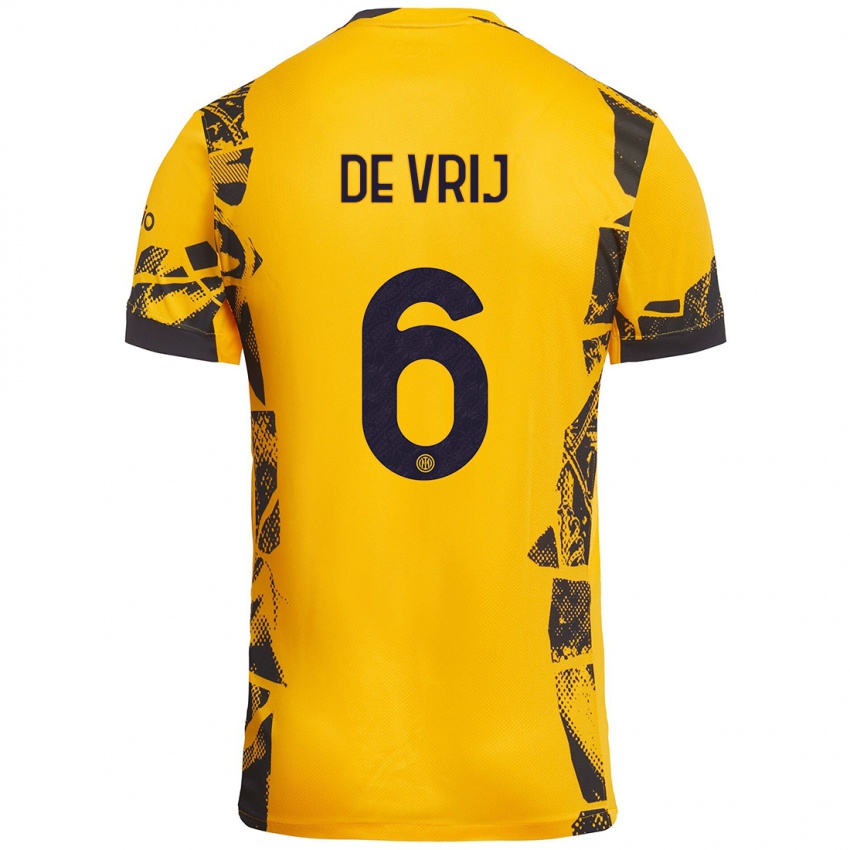 Mujer Camiseta Stefan De Vrij #6 Dorado Negro Equipación Tercera 2024/25 La Camisa México