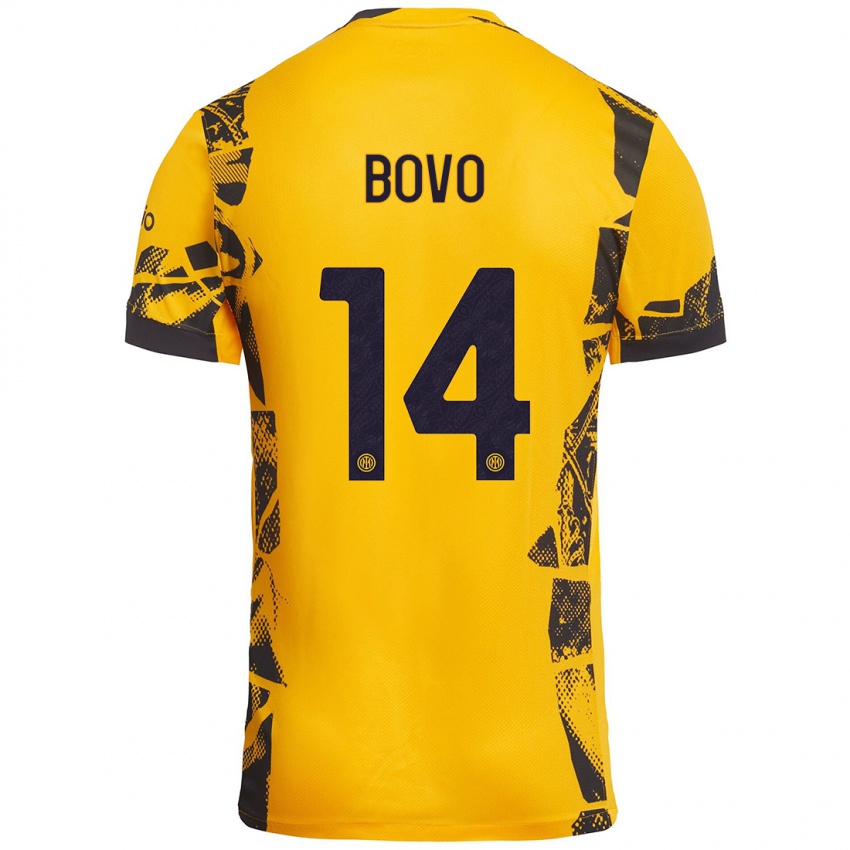 Mujer Camiseta Leonardo Bovo #14 Dorado Negro Equipación Tercera 2024/25 La Camisa México