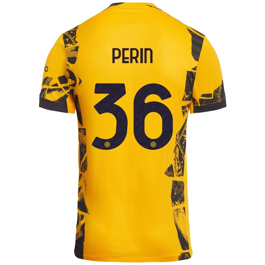 Mujer Camiseta Nicolo Perin #36 Dorado Negro Equipación Tercera 2024/25 La Camisa México