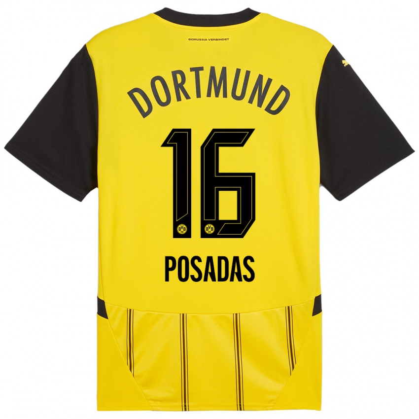 Niño Camiseta Leonardo Posadas #16 Amarillo Negro 1ª Equipación 2024/25 La Camisa México