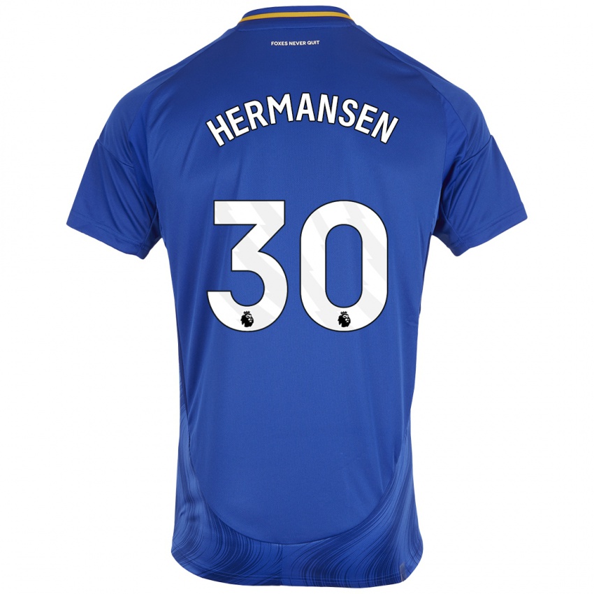 Niño Camiseta Mads Hermansen #30 Azul Blanco 1ª Equipación 2024/25 La Camisa México