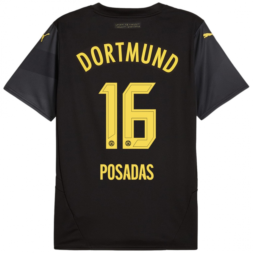 Niño Camiseta Leonardo Posadas #16 Negro Amarillo 2ª Equipación 2024/25 La Camisa México