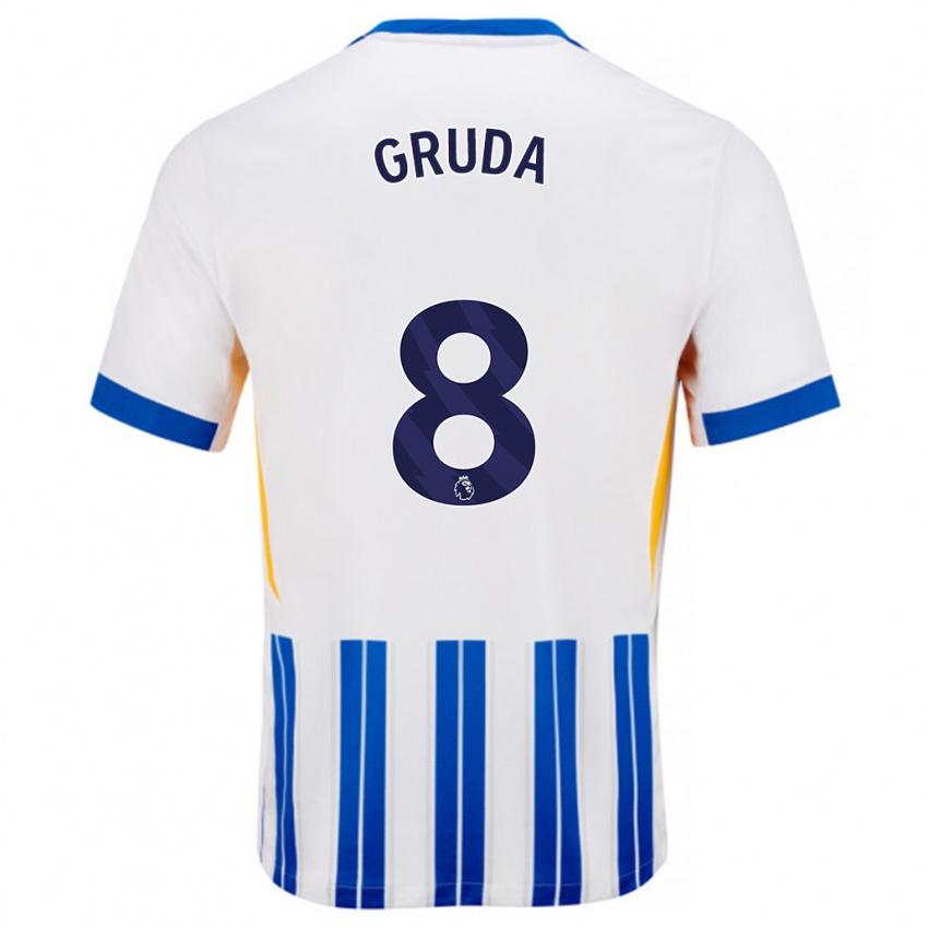 Hombre Camiseta Brajan Gruda #8 Blanco Azul Rayas 1ª Equipación 2024/25 La Camisa México