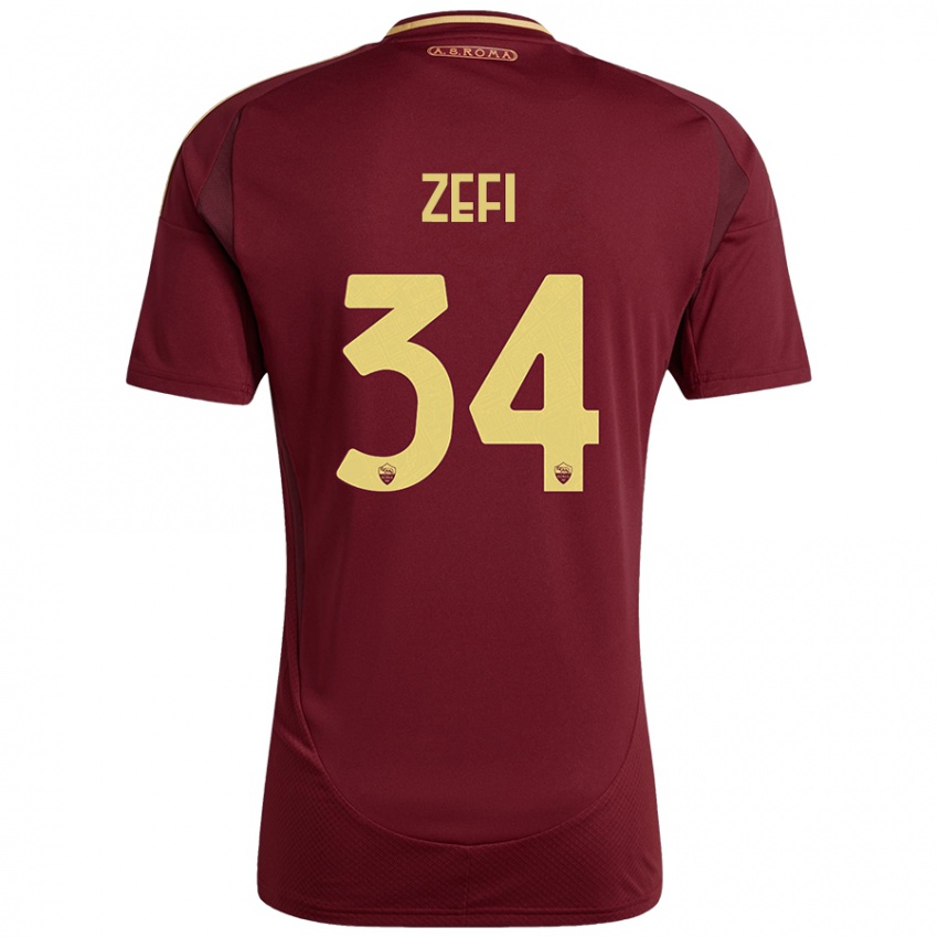 Niño Camiseta Kevin Zefi #34 Rojo Marrón Dorado 1ª Equipación 2024/25 La Camisa México