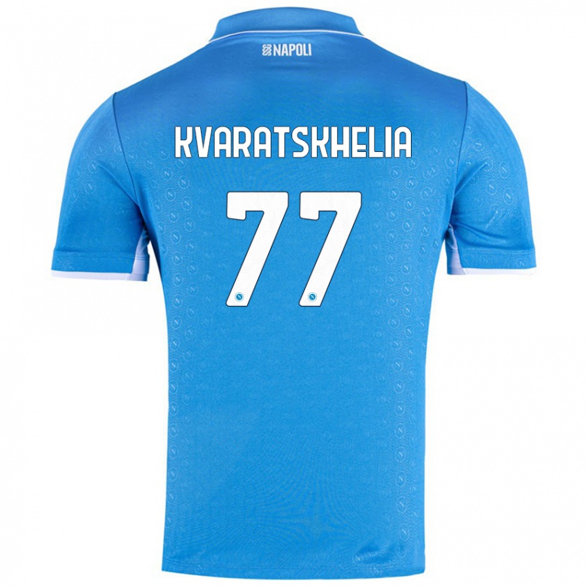 Hombre Camiseta Khvicha Kvaratskhelia #77 Azul Cielo 1ª Equipación 2024/25 La Camisa México