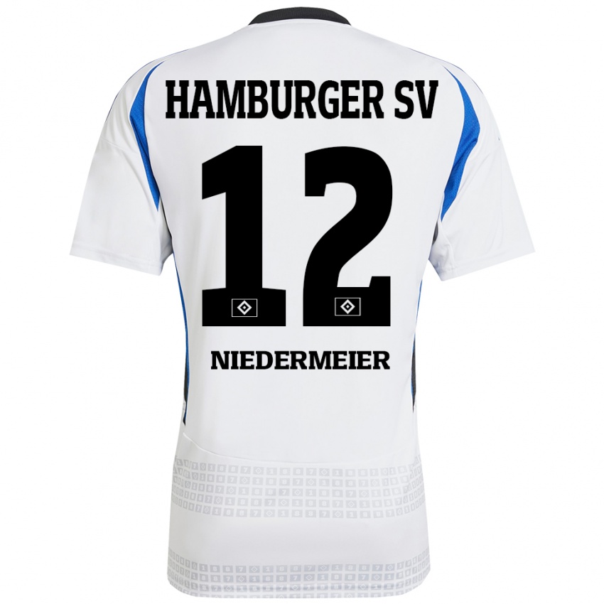 Hombre Camiseta Philipp Niedermeier #12 Blanco Azul 1ª Equipación 2024/25 La Camisa México