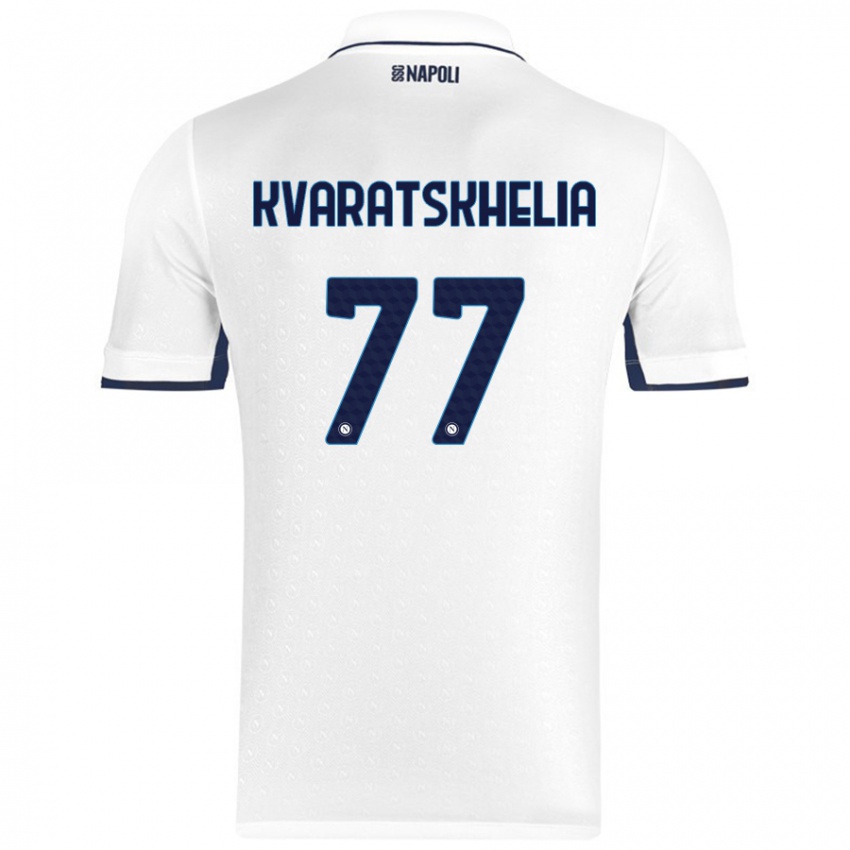 Hombre Camiseta Khvicha Kvaratskhelia #77 Blanco Azul Real 2ª Equipación 2024/25 La Camisa México