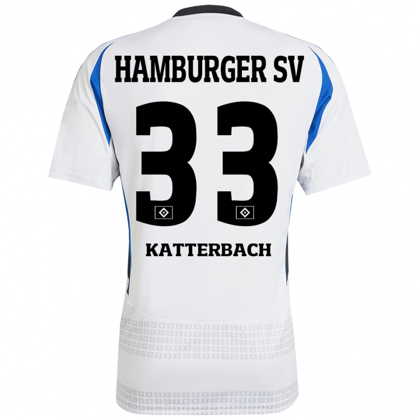 Mujer Camiseta Noah Katterbach #33 Blanco Azul 1ª Equipación 2024/25 La Camisa México