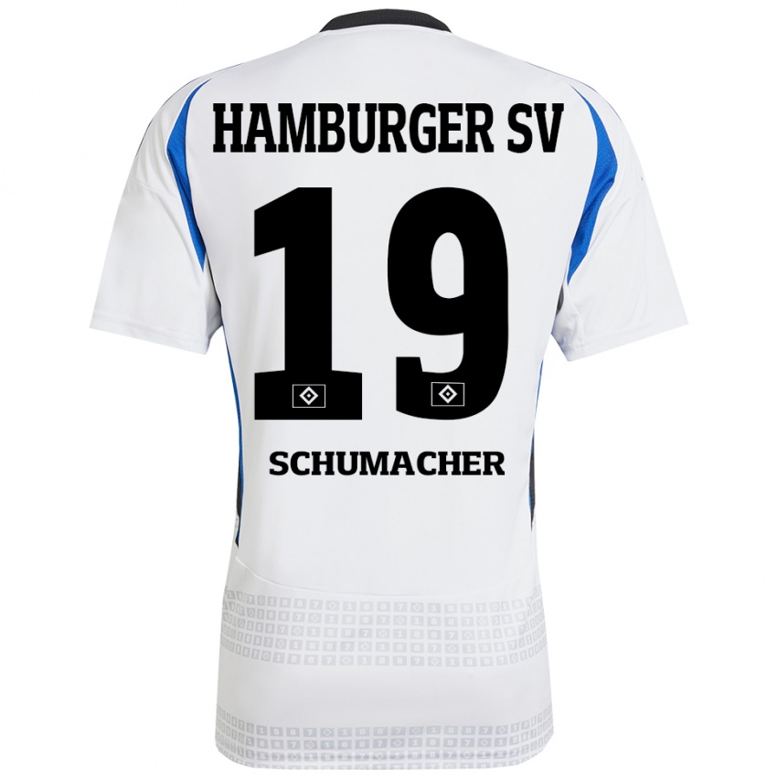 Mujer Camiseta Lukas Schumacher #19 Blanco Azul 1ª Equipación 2024/25 La Camisa México