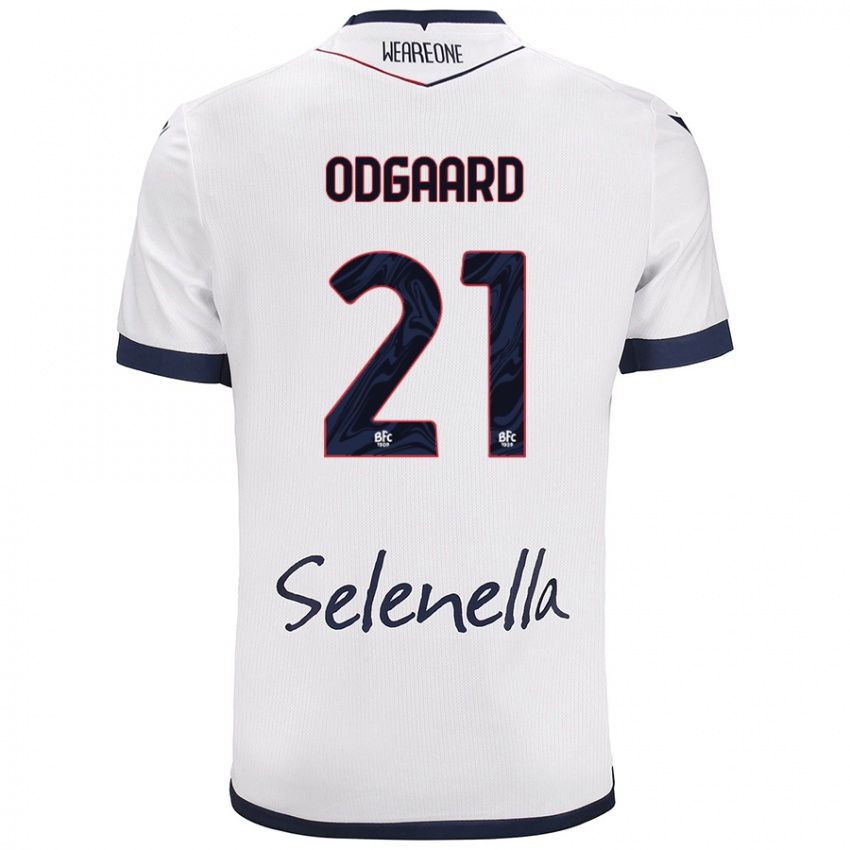 Mujer Camiseta Jens Odgaard #21 Blanco Azul Real 2ª Equipación 2024/25 La Camisa México