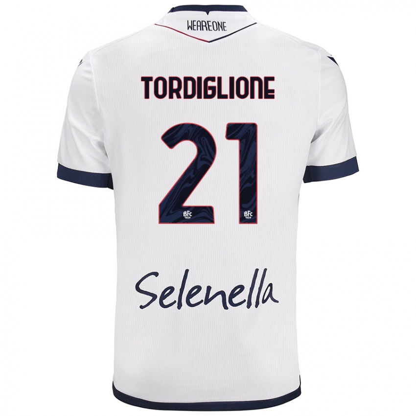 Mujer Camiseta Nicolò Tordiglione #21 Blanco Azul Real 2ª Equipación 2024/25 La Camisa México