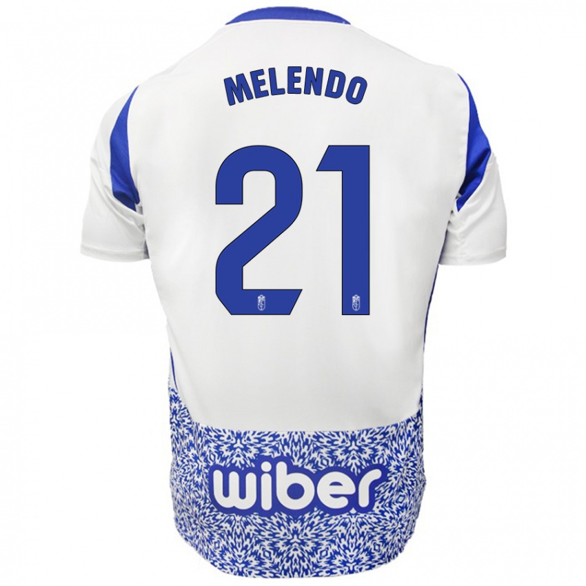 Mujer Camiseta Óscar Melendo #21 Blanco Azul 2ª Equipación 2024/25 La Camisa México