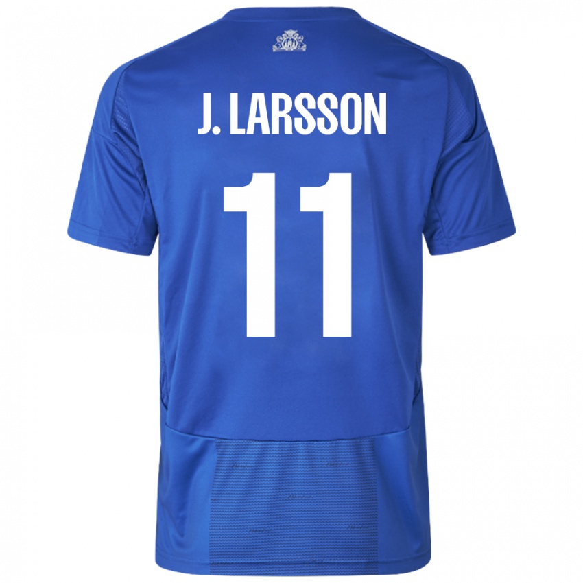 Mujer Camiseta Jordan Larsson #11 Blanco Azul 2ª Equipación 2024/25 La Camisa México